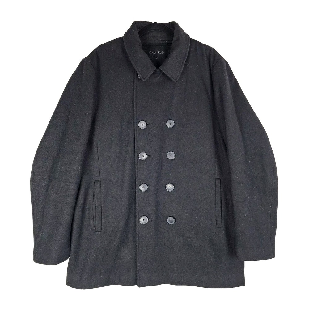 Calvin Klein Coat Mens Med Black Brushed Wool Peacoat Overcoat